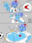  1girl ball baseball blue_eyes blue_hair blush breast_expansion breasts cherry food fruit gigantic_breasts goo_girl heart monster_girl soccer_ball squarewave water 