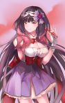  1girl black_hair blush breasts cleavage commentary_request eyewear_removed fate/grand_order fate_(series) fingerless_gloves glasses gloves hairband highres holding holding_eyewear large_breasts long_hair looking_at_viewer osakabe-hime_(fate/grand_order) purple_skirt red_eyes skirt smile solo very_long_hair yuan_(1143311) 