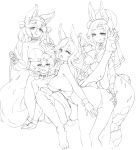 4girls :o :q animal_ear_fluff animal_ears ass barb-tan barbariank bear_ears bent_over braid breast_rest breasts breasts_on_head bunny_ears bunny_tail bunnysuit claws collar commentary english_commentary eyebrows_visible_through_hair eyes_visible_through_hair folded_ponytail greyscale highres horns large_breasts leash leg_up long_hair looking_at_another looking_at_viewer monochrome multiple_girls open_mouth original paws revision short_hair smile smirk tail tongue tongue_out v wrist_cuffs 