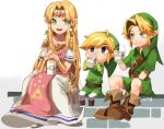  1girl 2boys ahoge belt blue_eyes boots bottle bracer brown_footwear chibi crossover dress drinking dual_persona earrings full_body green_eyes hair_intakes hat highres jewelry link long_dress milk milk_bottle multiple_boys nintendo pelvic_curtain pointy_ears sitting smile super_smash_bros. the_legend_of_zelda the_legend_of_zelda:_a_link_between_worlds the_legend_of_zelda:_ocarina_of_time the_legend_of_zelda:_the_wind_waker toon_link triforce tunic young_link zozy_yy 