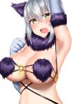  1girl :o arm_up armpits blush breasts cleavage cosplay dangerous_beast fate/grand_order fate_(series) gloves grey_hair highres jeanne_d&#039;arc_(alter)_(fate) jeanne_d&#039;arc_(fate)_(all) kitajima_yuuki large_breasts looking_at_viewer mash_kyrielight mash_kyrielight_(cosplay) open_mouth paw_pose purple_gloves revealing_clothes short_hair simple_background solo sweat upper_body white_background yellow_eyes 