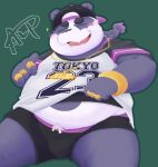  0ottotto0 2019 alp_(tas) anthro belly blush bulge clothed clothing cute_fangs eyes_closed fur giant_panda green_background hat headgear headwear hi_res humanoid_hands male mammal navel open_shirt overweight overweight_male purple_fur shirt simple_background sitting solo tokyo_afterschool_summoners tongue topwear underwear ursid video_games 