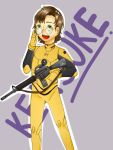  1boy aida_kensuke bodysuit brown_eyes brown_hair freckles glasses gun neon_genesis_evangelion open_mouth pose smile solo standing weapon 