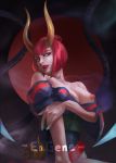  1girl blood_moon_evelynn blue_eyes bob_cut breast_hold breasts breasts_outside collarbone demon_horns eagene evelynn eyebrows hair_tie horns japanese_clothes kimono large_breasts league_of_legends licking_lips lips lipstick looking_at_viewer makeup nail_polish nipples off_shoulder oni red_hair sash signature solo teeth tongue tongue_out 