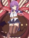  1girl ahoge aisha_(elsword) angkor_(elsword) blush breasts chocolate cleavage elsword eyebrows_visible_through_hair haiumore highres long_hair looking_at_viewer medium_breasts one_eye_closed purple_eyes purple_hair skirt smile solo thighhighs thighs twintails valentine 