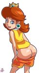  1girl ass brown_hair butt_crack dimples_of_venus earrings jewelry mario_(series) mooning nintendo orange_shorts princess_daisy shorts shorts_down smile solo super_mario_bros. super_mario_land tomboy 