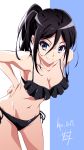  1girl black_hair blue_eyes breasts cleavage collarbone dated hibike!_euphonium highres leaning_forward long_hair looking_at_viewer medium_breasts nii_manabu ponytail signature smile solo swimsuit tanaka_asuka 