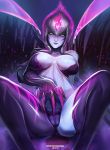  1girl badcompzero blue_skin breasts breasts_apart cameltoe claws darkness evelynn eyebrows_visible_through_hair fiery_hair grass large_breasts league_of_legends lips lipstick looking_down makeup multicolored_hair night nose parted_lips patreon_username reclining sidelocks slit_pupils solo spread_legs suggestive_fluid teeth tentacle white_hair yellow_eyes 