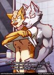  animated bathroom blush canid canine canis fox fox_mccloud hands_on_hips hi_res male male/male mammal nintendo nipples pack_hierarchy scar shirt_lifting star_fox text ventkazemaru video_games whiskers wolf wolf_o&#039;donnell 