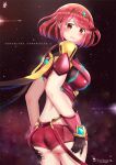  1girl artist_name ass ass_grab black_gloves breasts chinchongcha copyright_name fingerless_gloves gem gloves hair_ornament headpiece homura_(xenoblade_2) jewelry large_breasts looking_at_viewer looking_back nintendo red_eyes red_hair red_shorts short_shorts shorts smile solo xenoblade xenoblade_(series) xenoblade_2 