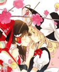  2girls bangs bare_shoulders black_hair black_headwear black_vest blonde_hair bow box brown_eyes commentary_request eye_contact eyebrows_visible_through_hair flower frilled_bow frilled_shirt_collar frills from_side hair_between_eyes hair_bow hair_ribbon hair_tubes hakurei_reimu hand_up hat hat_bow highres holding holding_box holding_foot kirisame_marisa long_hair looking_at_another multiple_girls pink_background pink_flower poprication profile puffy_short_sleeves puffy_sleeves red_bow red_ribbon ribbon shirt short_sleeves sidelocks smile touhou two-tone_background upper_body vest white_background white_bow white_shirt witch_hat yellow_eyes yuri 