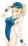  1girl ahoge akita_hika arched_back artoria_pendragon_(all) baseball_cap blonde_hair blue_eyes blue_headwear blue_swimsuit blue_wristband breasts collarbone competition_swimsuit cowboy_shot fate/grand_order fate_(series) hair_through_headwear hat highleg highleg_swimsuit highres looking_at_viewer medium_breasts multicolored multicolored_clothes multicolored_swimsuit mysterious_heroine_xx_(foreigner) one-piece_swimsuit one_eye_closed parted_lips ponytail simple_background solo swimsuit white_background wristband 