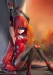  196502 1girl armpits arms_up belt blindfold breasts cleavage clenched_teeth crimson_avenger_(elsword) elesis_(elsword) elsword hands_up highres long_hair medium_breasts red_hair restrained sitting sleeved_gloves solo teeth thighs very_long_hair 
