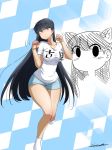  1girl animal_ears black_eyes black_hair blue_background blush breasts cat_ears closed_mouth eyebrows_visible_through_hair eyes_visible_through_hair full_body komi-san_wa_komyushou_desu komi_shouko large_breasts long_hair paw_pose rohka shirt short_sleeves shorts socks solo t-shirt two-tone_background white_background white_legwear white_shirt 