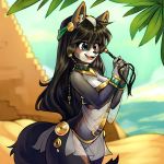  1:1 2018 anthro bernese_mountain_dog black_fur black_hair blue_eyes breasts brown_fur canid canine canis claws cleavage clothed clothing digital_media_(artwork) domestic_dog egyptian female fur hair hi_res long_hair mammal molosser mountain_dog multicolored_fur open_mouth outside pyramid sally_(povinne10) smile solo standing swiss_mountain_dog talilly teeth tongue tree white_fur 