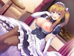  aqua_eyes asa_no_ha bed blonde_hair breasts building city dress headdress long_hair maid night nipples no_bra open_shirt original pantyhose ponytail 