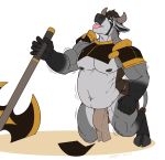  anthro armor axe balls barely_visible_balls barely_visible_genitalia belly big_belly bovid bovine bulge cattle clothing hi_res horn kenjin loincloth looking_at_viewer male mammal melee_weapon muscular muscular_male smile solo tongue tongue_out weapon 