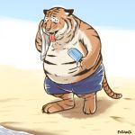  1:1 anthro beach belly belly_overhang breath claws clothed clothing felid food fur hi_res holding_food holding_object holding_towel male mammal obese obese_male open_mouth orange_fur outside overweight overweight_male pantherine panting popsicle roppu sand seaside solo striped_fur stripes sweat sweatdrop swimwear tiger toe_claws tongue tongue_out topless towel water 