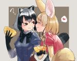  2girls ? animal_ear_fluff animal_ears bangs black_gloves black_neckwear blue_shirt blush bow bowtie brown_eyes cheek_poking commentary common_raccoon_(kemono_friends) elbow_gloves english_commentary eyebrows_visible_through_hair face-to-face fennec_(kemono_friends) food fox_ears fox_tail fur_collar gloves heart japari_bun kemono_friends looking_at_another mabbakmoe multiple_girls pink_shirt poking puffy_short_sleeves puffy_sleeves raccoon_ears raccoon_tail shirt short_sleeves simple_background spoken_heart tail white_gloves yellow_neckwear yuri 