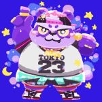 1:1 2019 absurd_res alp_(tas) anthro belly bmf_6666 clothing cute_fangs english_text fur giant_panda hat headgear headwear hi_res humanoid_hands male mammal moon overweight overweight_male purple_fur shirt shorts solo text tokyo_afterschool_summoners topwear ursid video_games 