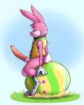  absurd_res anthro balls bow_tie buckteeth clothing easter easter_bunny egg emenius erection fur gloves grass hi_res holidays lagomorph leporid long_penis looking_at_viewer male mammal outside penis pink_fur precum rabbit simple_background sitting solo spats straw teeth vest whiskers 