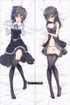  1girl babydoll bakugadou bed_sheet black_eyes black_hair black_legwear black_shirt black_skirt blue_ribbon blush breasts burn_scar cameltoe collarbone commentary dakimakura dorei_to_no_seikatsu_~teaching_feeling~ frilled_shirt_collar frilled_skirt frills full_body garter_straps hair_ornament hair_ribbon hairclip lingerie long_hair long_sleeves looking_at_viewer lying multiple_views navel neck_ribbon nose_blush off_shoulder on_back panties pixiv_id ribbon scar sheet_grab shirt skirt skirt_set small_breasts sylvie_(dorei_to_no_seikatsu) thigh_gap thighhighs underwear watermark white_garter_straps white_panties 