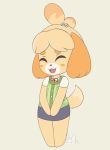  absurd_res animal_crossing anthro bunnybits canid canine canis clothing domestic_dog eyes_closed female hi_res isabelle_(animal_crossing) mammal nintendo open_mouth simple_background skirt smile solo standing teeth video_games 