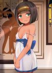  1girl absurdres bangs bare_arms bare_shoulders blue_bow blush bow breasts brown_hair closed_mouth collarbone commentary_request covered_nipples dark_skin dress egyptian_art eyebrows_visible_through_hair green_eyes headband highres looking_at_viewer original pleated_dress short_hair sleeveless sleeveless_dress small_breasts solo strap_slip toy_box-r white_dress 