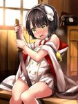  1girl azur_lane bare_shoulders black_hair blush commentary_request dress drums_(artist) eyebrows_visible_through_hair flat_chest heavy_breathing hiei-chan_(azur_lane) highres holding holding_sword holding_weapon horns implied_masturbation indoors katana long_sleeves looking_down nose_blush open_mouth phone pleated_dress saliva saliva_trail sheath short_dress short_hair sleeveless sleeveless_dress solo sweat sword tears tongue tongue_out weapon white_dress wide_sleeves window yellow_eyes 