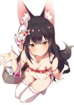  1girl animal_ear_fluff animal_ears arm_up azur_lane basket black_hair bra bra_pull breasts cleavage commentary_request fox_ears from_above highres jewelry long_hair looking_at_viewer looking_up mask mask_on_head nagato_(azur_lane) navel necklace panties pulled_by_self red_bra red_panties side-tie_panties simple_background sitting small_breasts smile solo strap_slip takashiru thighhighs underwear underwear_only very_long_hair white_background white_legwear yellow_eyes 