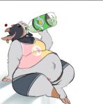  anthro belly beverage big_belly black_fur bovid boxgoat caprine clothed clothing drinking ear_piercing ear_ring eyes_closed female fur goat hi_res holding_beverage holding_object horn mammal midriff obese obese_female overweight overweight_female piercing simple_background soda solo white_background white_fur 