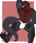  &lt;3 2019 3_toes abs absurd_res anthro armpit_hair beard biceps black_scales bulge chest_fur claws clothed clothing dinosaur facial_hair feet hair hi_res itsdhani jockstrap male muscular muscular_male paws pecs pinup pose pubes quads raised_arm red_hair red_scales reptile scales scalie sharp_teeth simple_background sitting smile soles solo spread_legs spreading tagg teeth theropod toe_claws toes triceps tyrannosaurid tyrannosaurus tyrannosaurus_rex underwear yellow_sclera 
