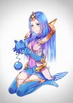  1girl azurill blue_eyes blue_hair boots breasts covered_navel creatures_(company) elementalist_lux game_freak gen_3_pokemon highres holding league_of_legends luxanna_crownguard medium_breasts nintendo pokemon seiza sitting smile tagme text_focus thigh_boots thighhighs water_elementalist_lux yuu_ko 