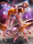  1girl ass bangle bangs blonde_hair blurry blurry_background bracelet breasts dress evelynn full_body glint gold high_heels highres jacket jewelry k/da_(league_of_legends) k/da_evelynn k/da_evelynn-prestige_edition kaze_no_gyouja large_breasts league_of_legends leaning_forward light_particles long_hair looking_at_viewer looking_back necklace open_clothes open_jacket open_mouth orange_dress purple_hair red_lips short_dress sidelocks signature solo standing thighlet wavy_hair white_jacket wind wind_lift yellow_eyes 