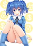  1girl :3 absurdres ass bangs blue_eyes blue_footwear blue_hair blue_shirt boots breasts commentary_request dollar_sign eyebrows_visible_through_hair feet_out_of_frame frilled_shirt_collar frills hair_between_eyes hair_bobbles hair_ornament highres kawashiro_nitori key knees_up long_sleeves looking_at_viewer no_hat no_headwear panties pantyshot pantyshot_(sitting) pocket shirt short_hair sitting small_breasts smile solo suigetsu_(watermoon-910) thighs touhou two_side_up underwear white_background white_panties yen_sign 