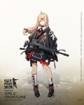 1girl ahoge assault_rifle asymmetrical_legwear bangs black_gloves blonde_hair blue_eyes boots character_name choker clothes_writing coat cross-laced_footwear drum_magazine full_body girls_frontline gloves gun h&amp;k_mg36 hair_ornament hair_over_one_eye heckler_&amp;_koch highres holding holding_gun holding_weapon kneehighs lace-up_boots long_hair mg36_(girls_frontline) multicolored multicolored_clothes o-ring off_shoulder official_art parted_lips partly_fingerless_gloves rifle sidelocks single_kneehigh single_sock snap-fit_buckle socks solo standing thigh_strap weapon zipper 
