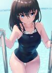  1girl bangs bare_arms bare_shoulders black_hair black_swimsuit blue_eyes blush breasts closed_mouth collarbone commentary_request competition_swimsuit cowboy_shot eyebrows_visible_through_hair hair_between_eyes highres jonsun long_hair one-piece_swimsuit pool pool_ladder skindentation small_breasts solo ssss.gridman swimsuit takarada_rikka thigh_gap twitter_username water wet wet_hair 