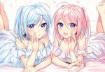  2girls barefoot blue_hair blush mochiko_(mochiko3121) original pink_hair purple_eyes short_hair 