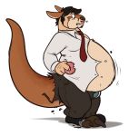  anthro belly big_belly binturongboy black_hair brown_fur bulge button_pop claws clothed clothing doughnut food fur hair hi_res holding_food holding_object human human_to_anthro macropod male mammal marsupial necktie obese obese_male overweight overweight_male simple_background solo species_transformation standing surprise toe_claws torn_clothing transformation weight_gain white_background 