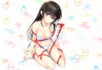  barefoot bikini black_hair green_eyes long_hair mochiko_(mochiko3121) original ribbons swimsuit 