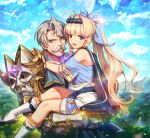  2boys :d ahoge armor bangs blonde_hair blue_bow blue_eyes blue_sky blunt_bangs bow braid brown_eyes carrying charles_(epic7) crown day epic7 eyebrows_visible_through_hair facial_hair grey_hair hair_bow long_hair male_focus multiple_boys mustache open_mouth outdoors ponytail prince_aither short_sleeves sky smile standing twin_braids very_long_hair white_footwear 