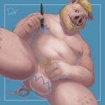 1:1 2019 5_fingers anthro areola balls beard belly biped blonde_hair blue_background brown_eyes butt digital_drawing_(artwork) digital_media_(artwork) domestic_pig easter eyebrows facial_hair first_person_view freckles hair hi_res holidays humanoid_hands looking_at_viewer looking_down low-angle_view male mammal navel nipples nude painting pig_nose pinup pose rov signature simple_background slightly_chubby smile solo suid suina sus_(pig) 