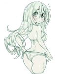  1girl adjusting_clothes adjusting_swimsuit ass asui_tsuyu bare_shoulders bikini blush boku_no_hero_academia breasts commentary cowboy_shot cropped_legs dimples_of_venus english_commentary flying_sweatdrops from_behind hair_between_eyes long_hair looking_back medium_breasts monochrome parororo shiny shiny_skin sketch solo swimsuit 