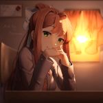  1girl artist_name brown_hair classroom commentary curtains doki_doki_literature_club english_commentary eyebrows_visible_through_hair green_eyes grey_jacket hair_ribbon hands_together highres indoors interlocked_fingers jacket light_smile long_hair long_sleeves looking_at_viewer monika_(doki_doki_literature_club) ponytail ribbon sasoura school_uniform sidelocks smile solo sunset upper_body white_ribbon window 