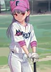  1girl bangs baseball_bat baseball_cap baseball_uniform blush clothes_writing cowboy_shot eyebrows_visible_through_hair fkey gloves hat highres long_hair looking_at_viewer original outdoors pants pink_headwear pink_shirt planted red_eyes shirt short_sleeves silver_hair smile solo sportswear standing white_gloves white_pants white_shirt 