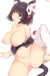 1girl animal_ears artist_name azur_lane bangs black_hair blunt_bangs blurry blush breasts censored commentary_request depth_of_field eyebrows_visible_through_hair fang flying_sweatdrops heart heart_censor highres large_breasts looking_at_viewer mask mask_on_head mukka navel nipples red_eyes short_hair simple_background smile solo spread_legs stirrup_legwear sweat tail thighhighs toeless_legwear toes white_background white_legwear yamashiro_(azur_lane) 