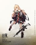  1girl ahoge assault_rifle asymmetrical_legwear bangs black_bra black_gloves black_panties blonde_hair blue_eyes boots bra breasts character_name choker clothes_writing coat collarbone cross-laced_footwear damaged full_body girls_frontline gloves gun h&amp;k_mg36 hair_ornament hair_over_one_eye heckler_&amp;_koch heterochromia highres holding holding_gun holding_weapon kneehighs lace-up_boots leaning_forward leg_up long_hair mg36_(girls_frontline) mole mole_under_eye multicolored multicolored_clothes o-ring o-ring_top off_shoulder official_art panties parted_lips partly_fingerless_gloves rifle sidelocks single_kneehigh single_sock small_breasts snap-fit_buckle socks solo standing thigh_strap torn_clothes underwear weapon yellow_eyes zipper 