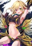  1girl :d arm_up armor armpits bare_shoulders black_gloves black_shorts blonde_hair blurry blush braid breasts charlotte_(shironeko_project) commentary_request crop_top depth_of_field elbow_gloves fang faulds french_braid fuku_kitsune_(fuku_fox) gauntlets gloves gold_trim green_eyes groin hair_ornament hand_up heterochromia highres large_breasts looking_at_viewer midriff navel open_mouth red_eyes shironeko_project short_hair short_shorts shorts sidelocks sleeveless smile solo stomach string thighs waist_cape white_background 