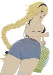  1girl :d akita_hika ass back bag bangs bare_arms bare_shoulders bikini_top black_bikini_top black_hairband blonde_hair blue_eyes blue_shorts blush braid breasts commentary_request cowboy_shot denim denim_shorts eyebrows_visible_through_hair fate/grand_order fate_(series) from_behind from_below hairband highres holding holding_bag jeanne_d&#039;arc_(fate) jeanne_d&#039;arc_(fate)_(all) large_breasts long_hair looking_at_viewer looking_back looking_down open_mouth shorts sideboob simple_background single_braid single_thighhigh sketch smile solo swimsuit thighhighs very_long_hair white_background white_legwear 
