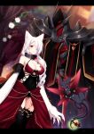  2others animal_ears armor black_armor black_collar black_legwear bow breasts cleavage collar detached_sleeves dress flower formal fur glowing glowing_eyes hair_over_one_eye indoors konshin large_breasts multiple_others one_eye_closed pixiv_fantasia pixiv_fantasia_last_saga red_bow red_collar red_eyes standing suit thighhighs white_hair wings 